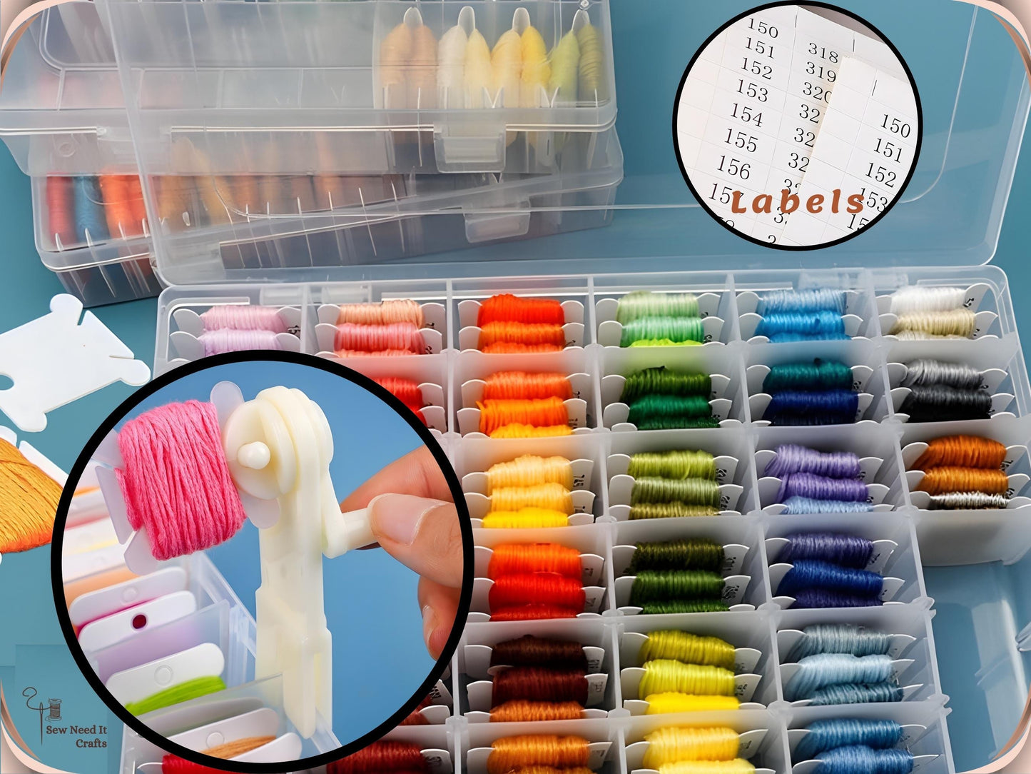 Complete Embroidery Floss Organizer Set with Storage Box, 100 Bobbins, Floss Winder & Label Stickers
