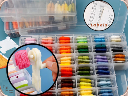 Complete Embroidery Floss Organizer Set with Storage Box, 100 Bobbins, Floss Winder & Label Stickers