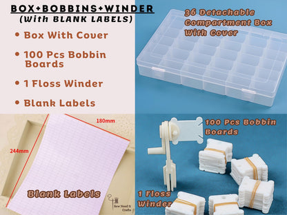 Complete Embroidery Floss Organizer Set with Adjustable Grid Floss Bobbin Storage Box, 100 Bobbins, Floss Winder & Label Stickers, Bead Box