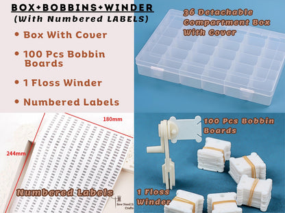 Complete Embroidery Floss Organizer Set with Adjustable Grid Floss Bobbin Storage Box, 100 Bobbins, Floss Winder & Label Stickers, Bead Box
