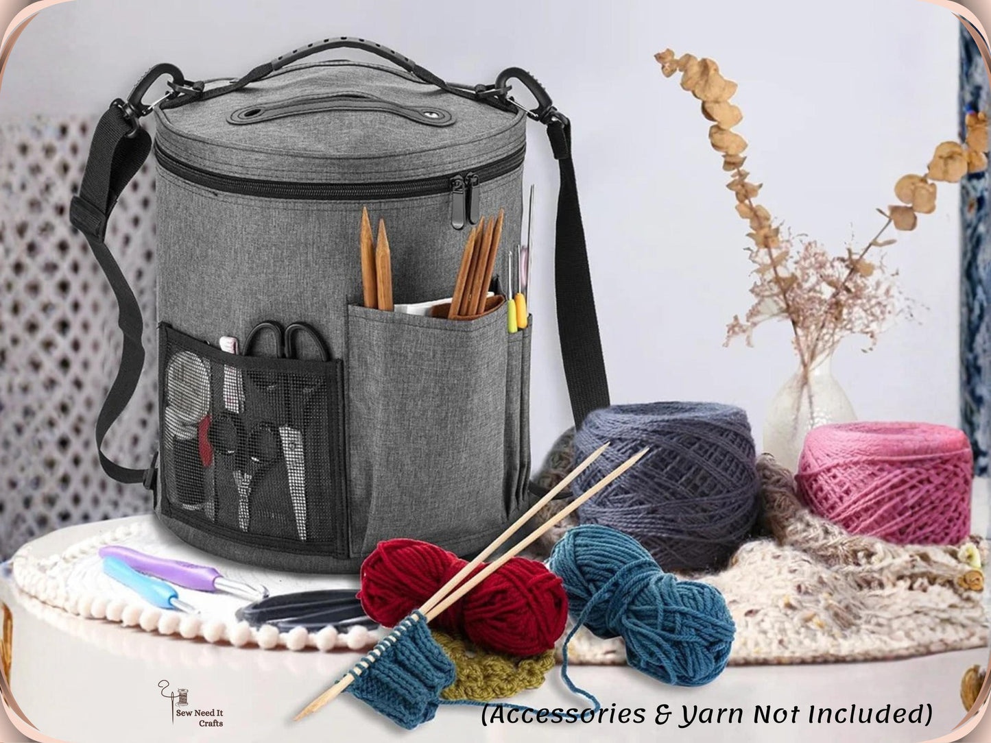 Large Knitting Crochet Yarn Bag with Pockets and Adjustable Shoulder Straps