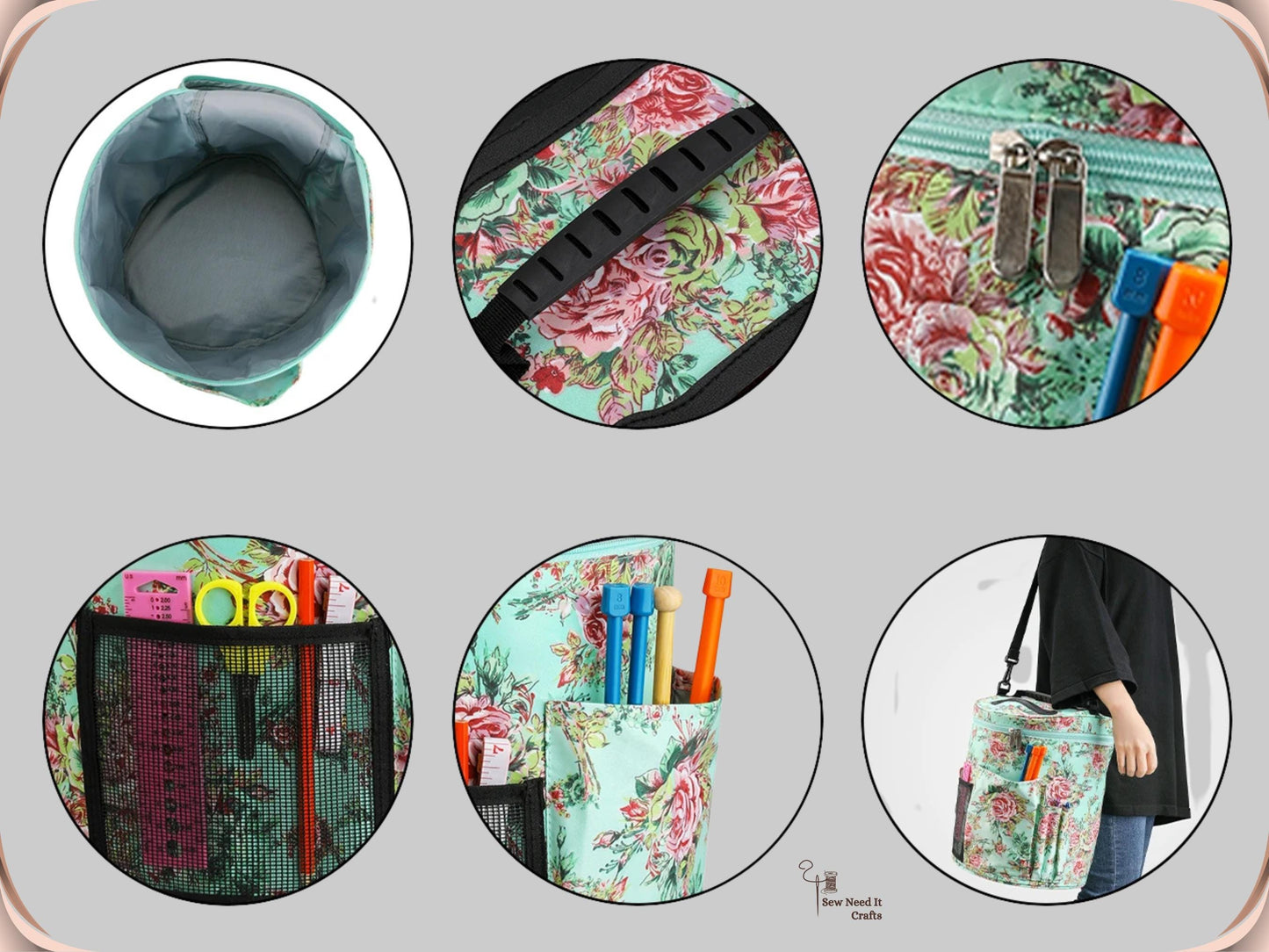 Large Knitting Crochet Yarn Bag with Pockets and Adjustable Shoulder Straps