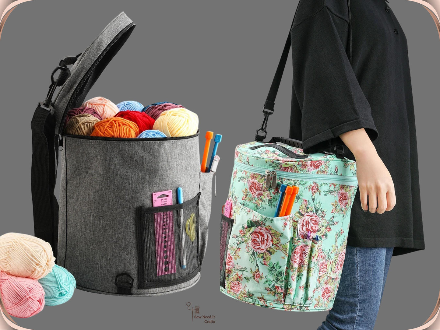 Large Knitting Crochet Yarn Bag with Pockets and Adjustable Shoulder Straps