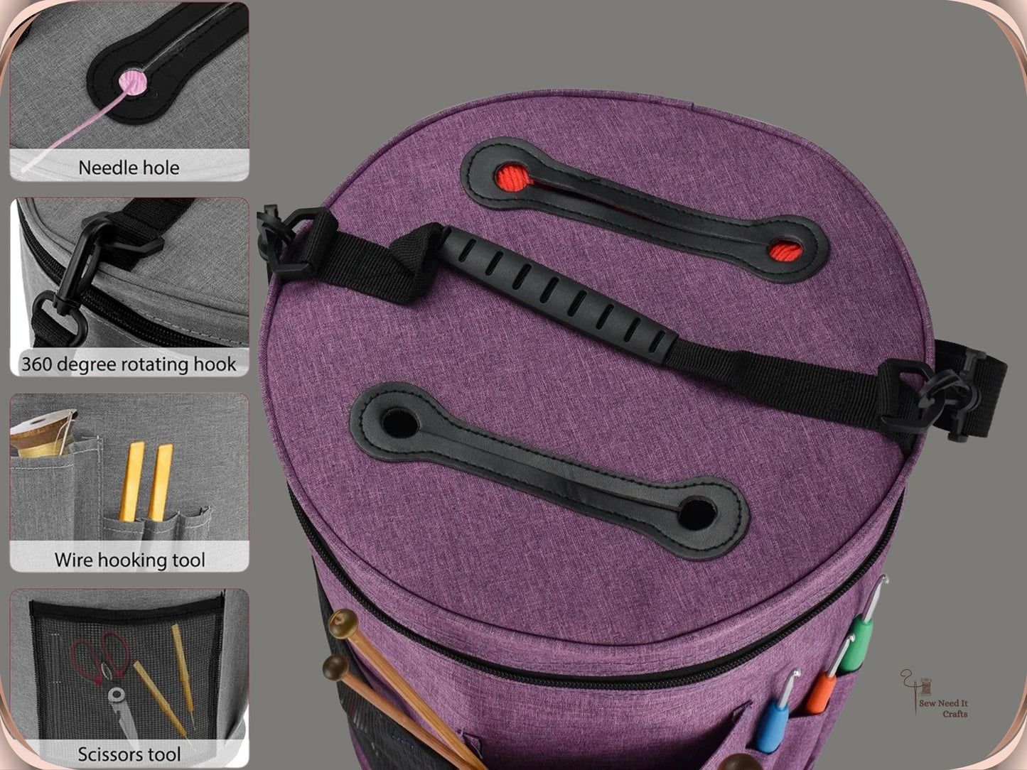 Large Knitting Crochet Yarn Bag with Pockets and Adjustable Shoulder Straps