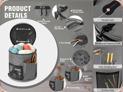 Large Knitting Crochet Yarn Bag with Pockets and Adjustable Shoulder Straps