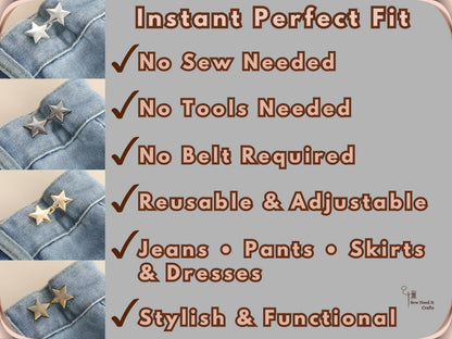 No Sew Waist Adjusters for Pants, Jeans Waist Tightener, Star Shape Design