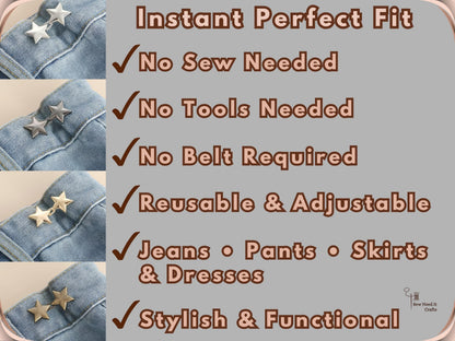 No Sew Waist Adjusters for Pants, Jeans Waist Tightener, Star Shape Design