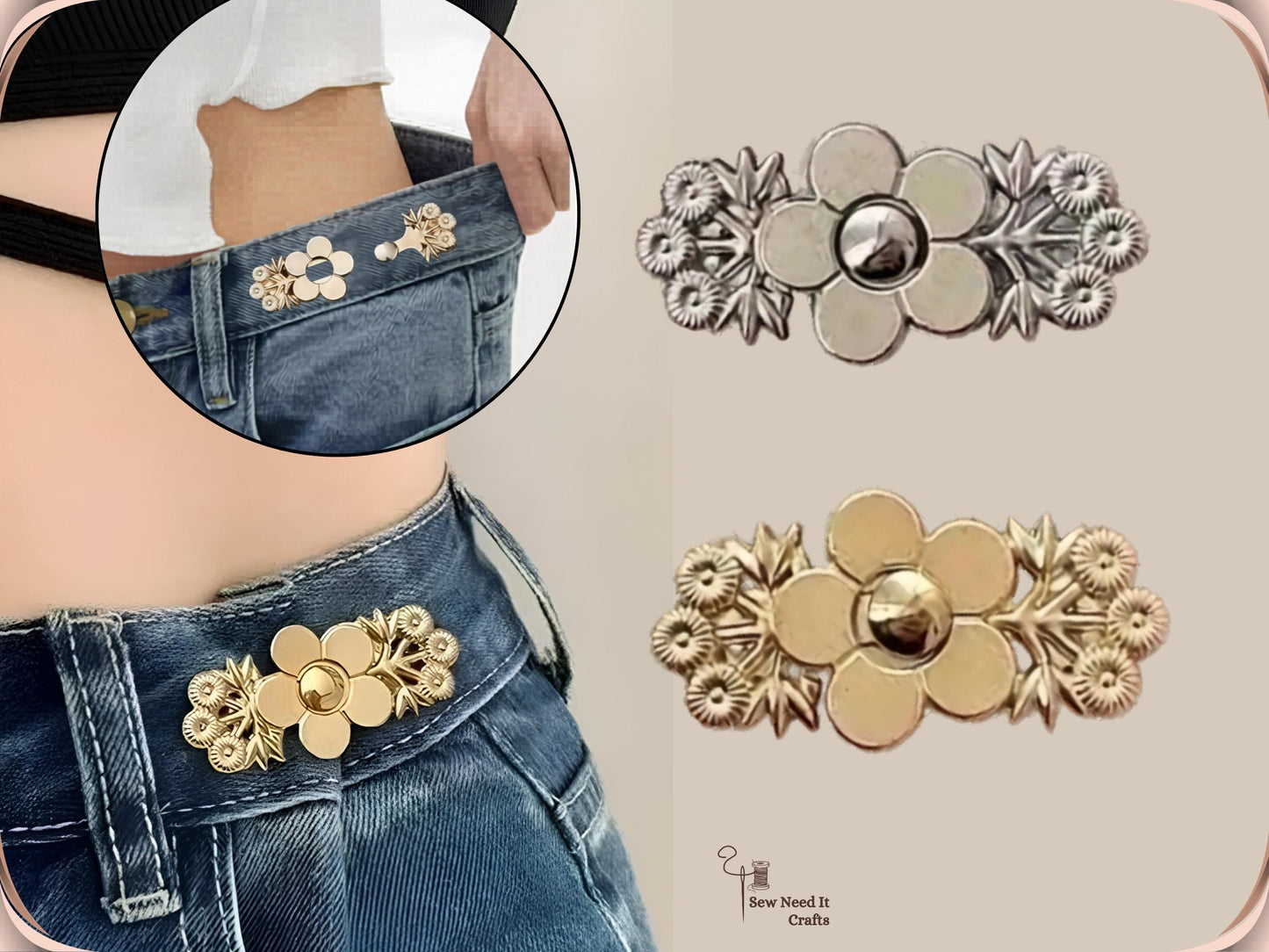 No Sew Waist Adjusters for Pants, Jeans Waist Tightener, Floral Pant Tightener