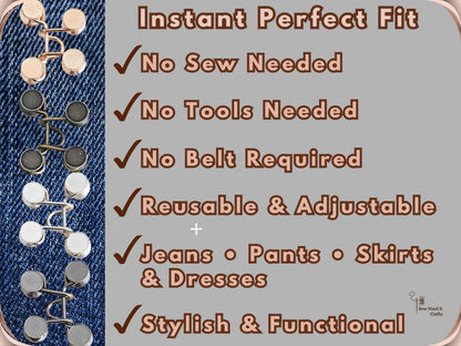 No Sew Waist Adjusters for Pants, Jeans Waist Tightener, Classic Button Design