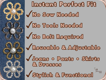 No Sew Waist Adjusters for Pants, Jeans Waist Tightener Pearl Flower Design