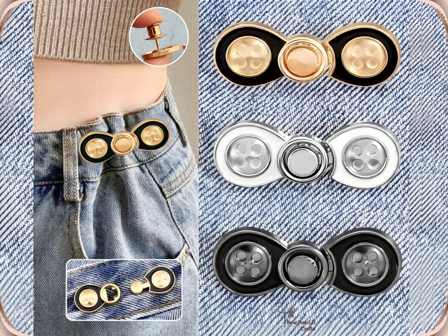 No Sew Waist Adjusters for Pants, Jeans Waist Tightener Bow Button Design