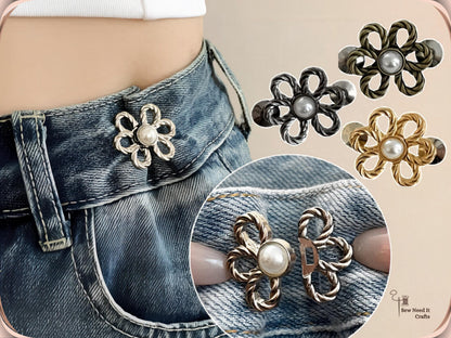 No Sew Waist Adjusters for Pants, Jeans Waist Tightener Pearl Flower Design