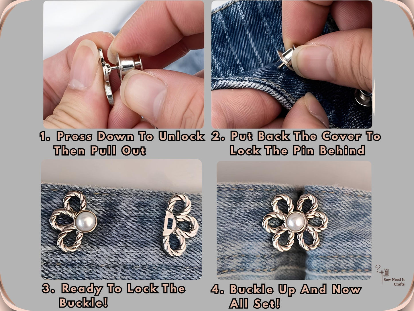 No Sew Waist Adjusters for Pants, Jeans Waist Tightener Pearl Flower Design