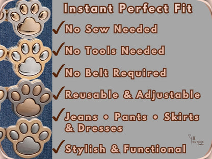 No Sew Waist Adjusters for Pants, Jeans Waist Tightener 3D Dog Paw, Cat Paw Design