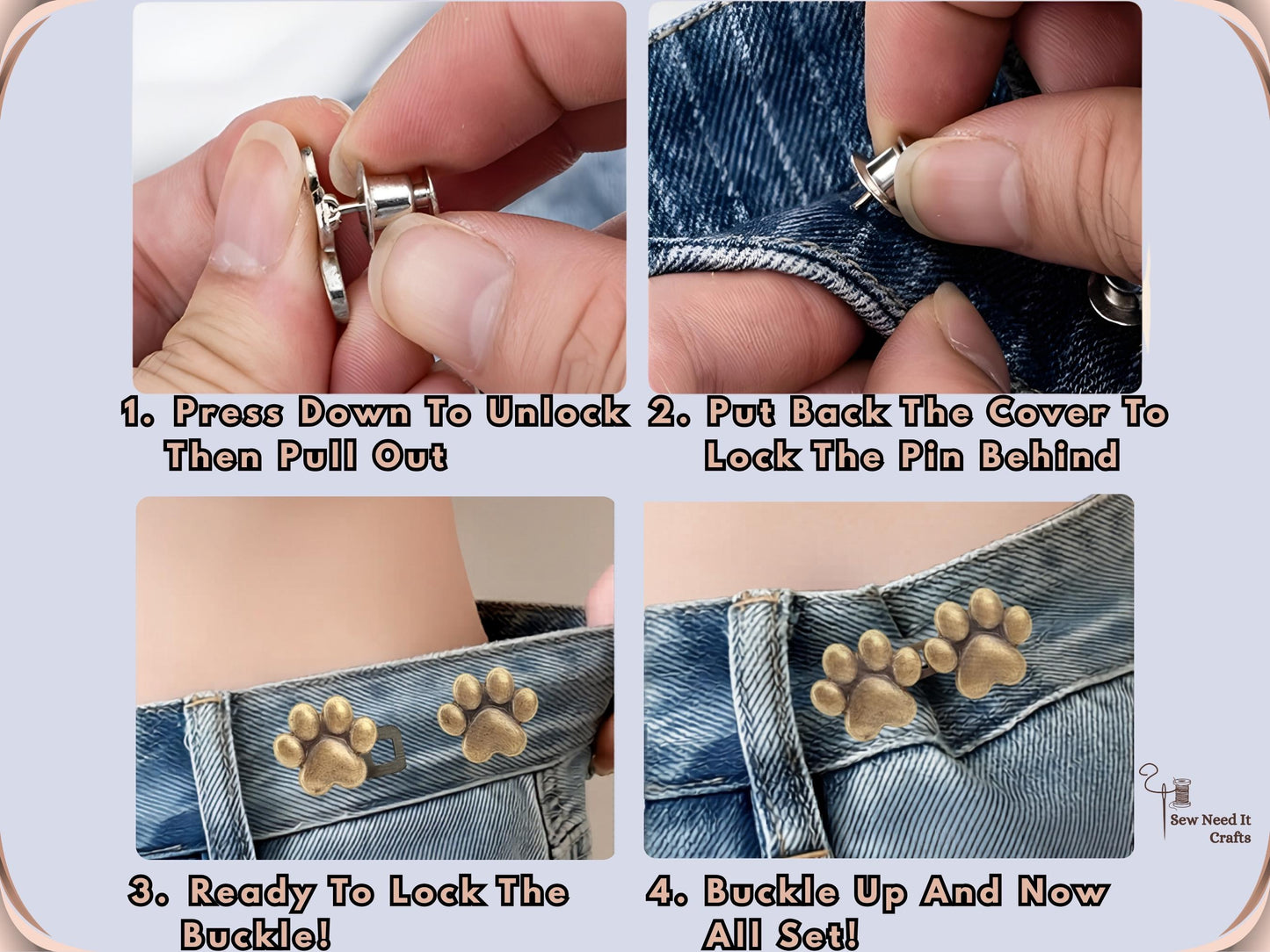 Paw waist adjuster features: no sewing, no tools, no belt required, reusable and adjustable, fits jeans, pants, skirts and dresses