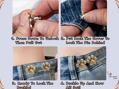 Paw waist adjuster features: no sewing, no tools, no belt required, reusable and adjustable, fits jeans, pants, skirts and dresses