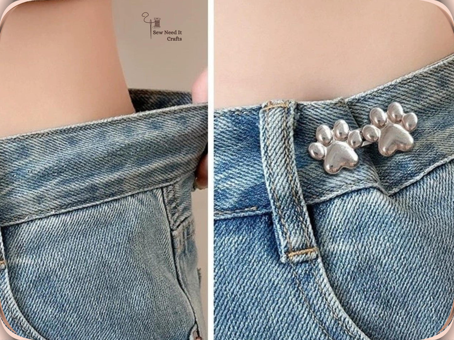 Golden paw waist adjuster fastened on a folded denim waistband, with bronze, silver and gunmetal pairs displayed above