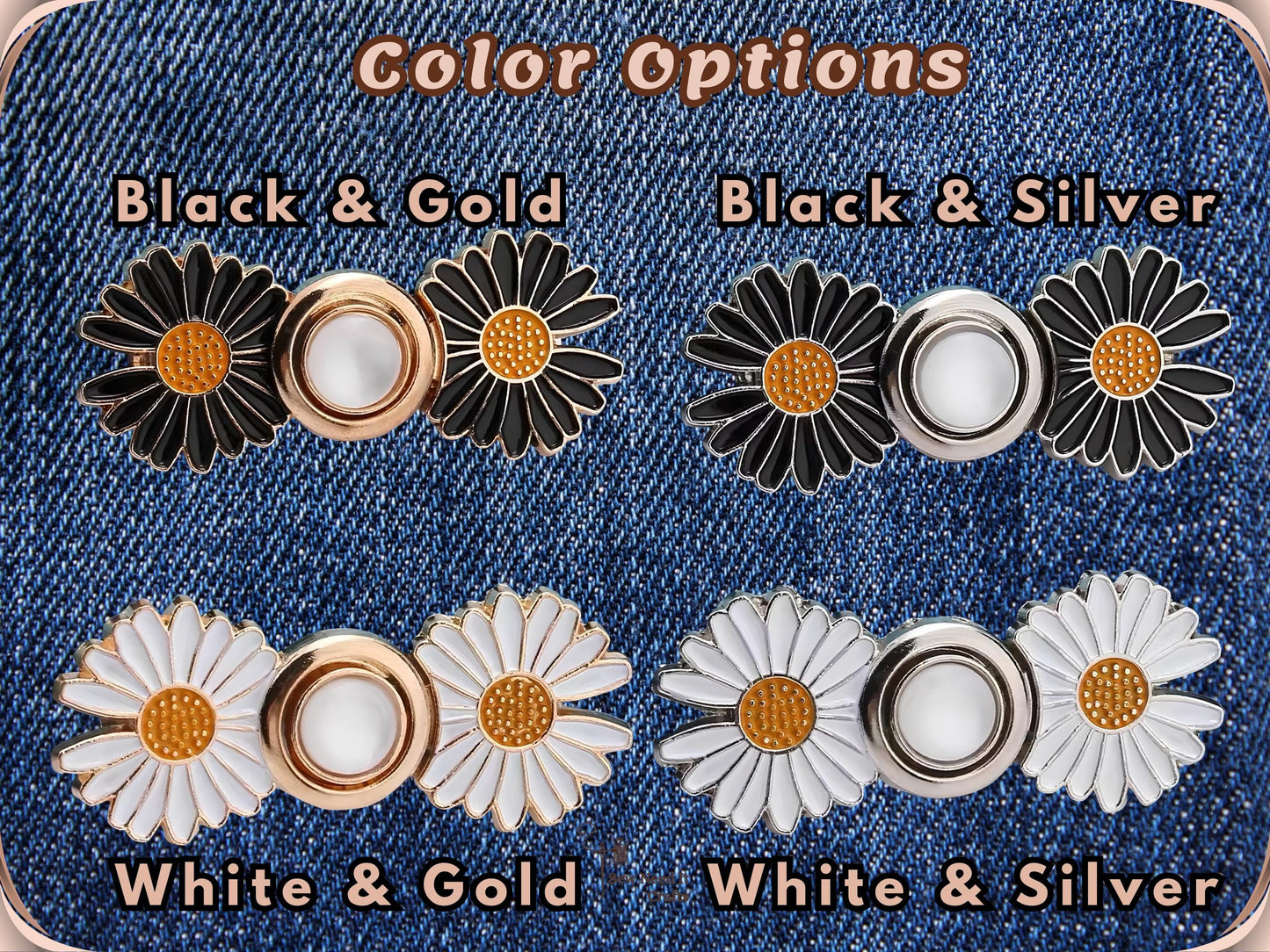 Colour options chart on a denim background showing the daisy waist adjuster in Black and Gold, Black and Silver, White and Gold, and White and Silver