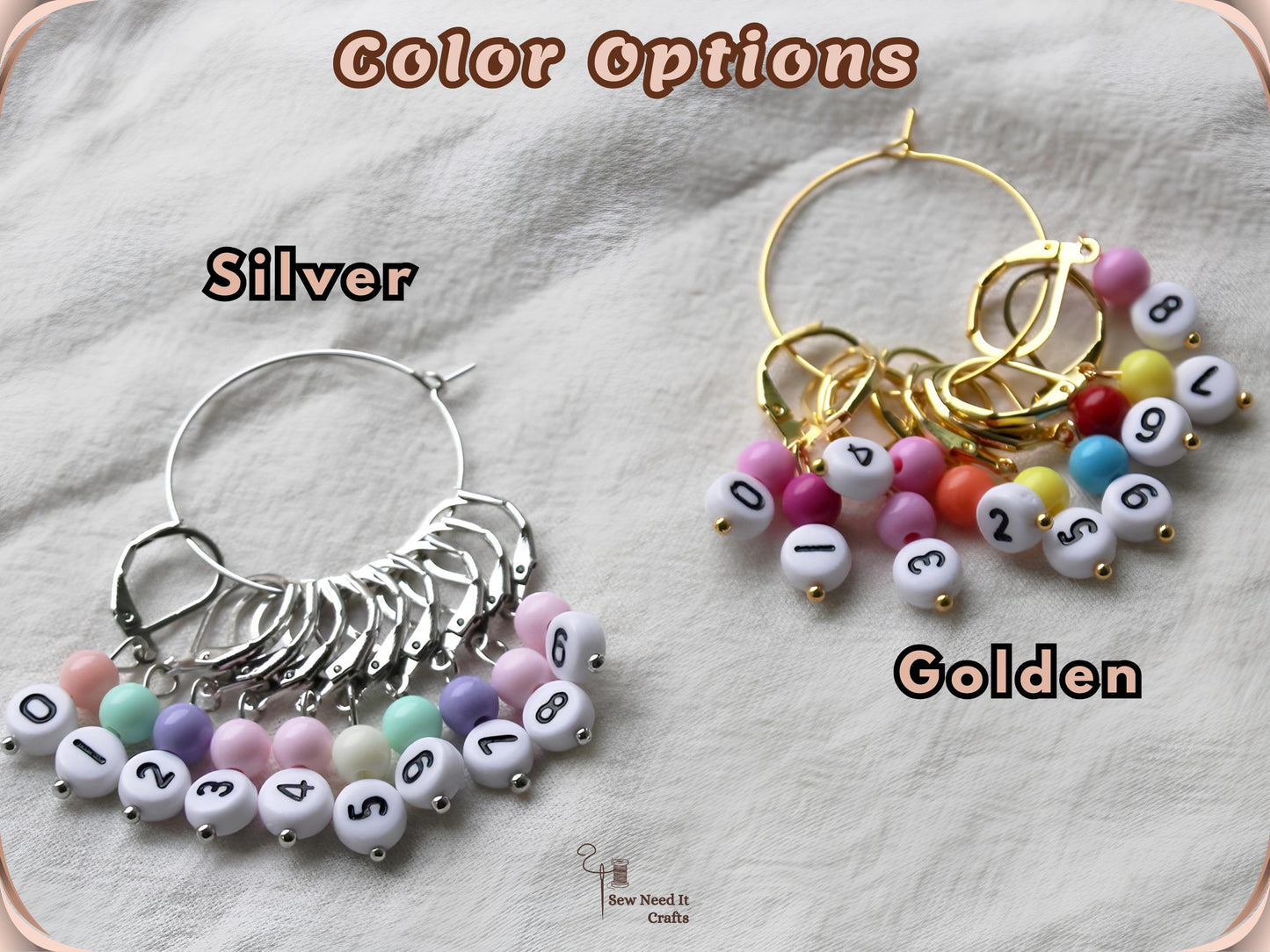 Colour options for the numbered stitch markers: the Silver set with pastel beads and the Golden set with bright beads, each hanging on its own storage hoop