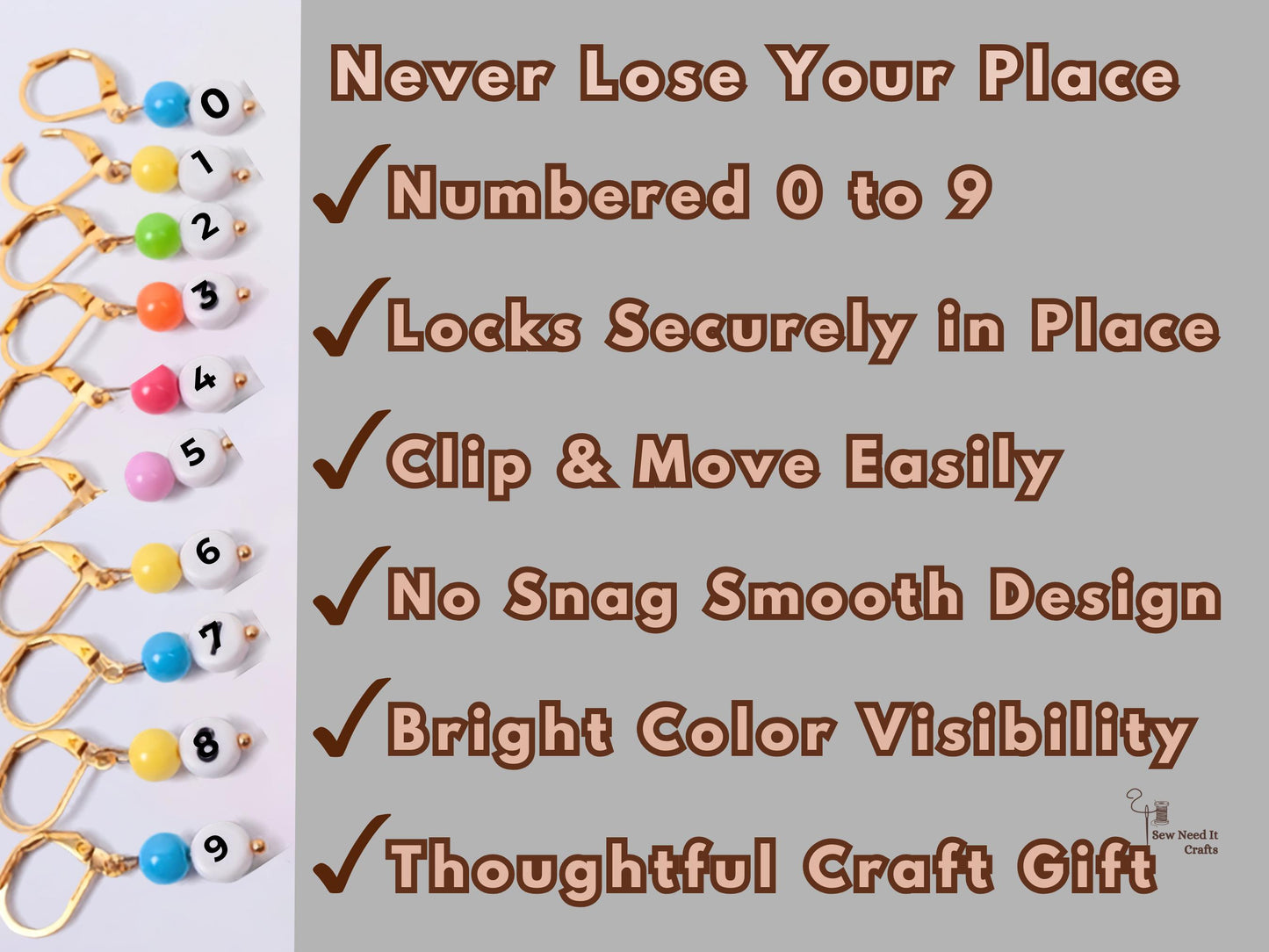Feature list for the numbered stitch markers: numbered 0 to 9, locks securely in place, clips and moves easily, no-snag smooth design, bright colour visibility