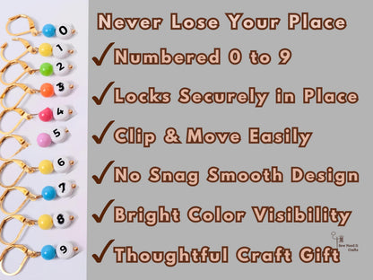 Feature list for the numbered stitch markers: numbered 0 to 9, locks securely in place, clips and moves easily, no-snag smooth design, bright colour visibility