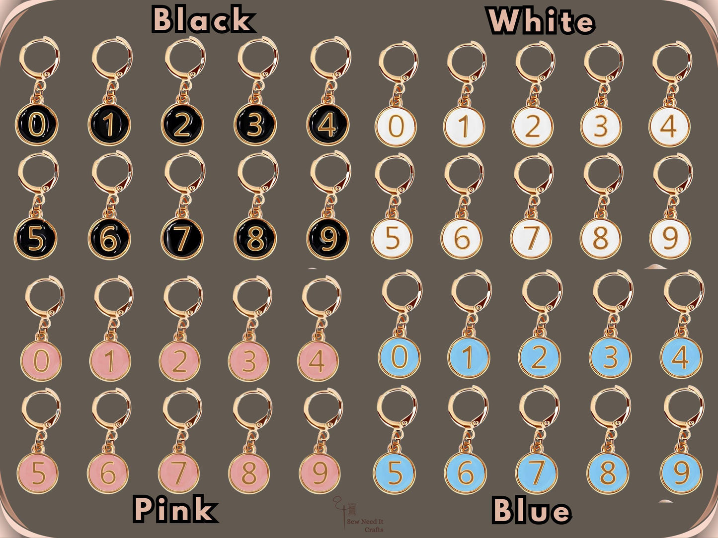 All four colourways of the numbered stitch marker set - black, white, pink and blue - each showing markers numbered 0 to 9