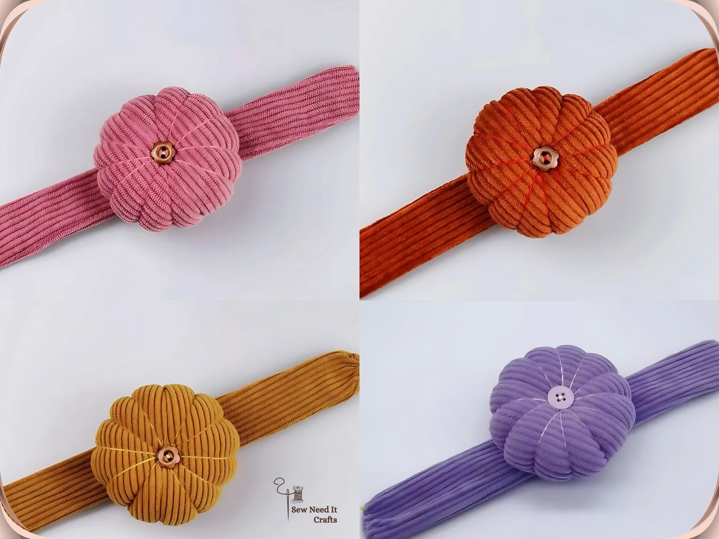 Four pumpkin wrist pin cushions shown individually in pink, red, light brown and purple, each mounted on its matching corduroy band