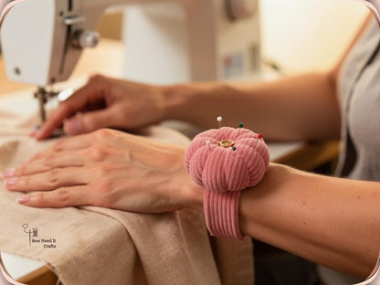 Pink pumpkin wrist pin cushion worn on a wrist at a sewing machine, holding pins while both hands guide fabric under the needle