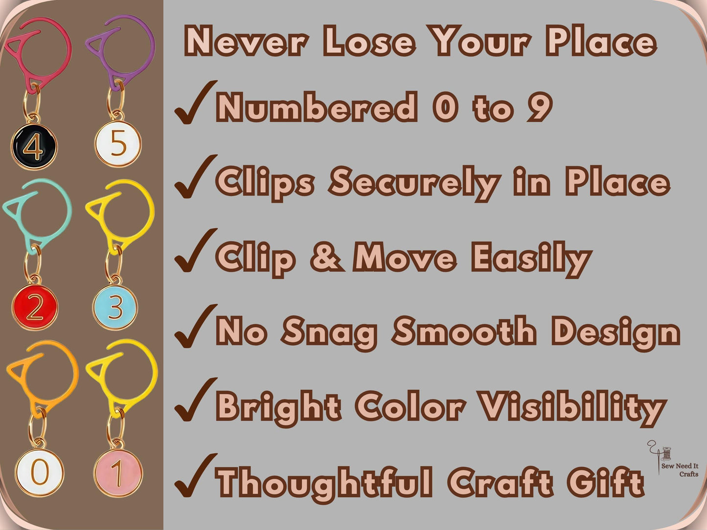 Feature panel listing the numbered stitch marker set's benefits: numbered 0 to 9, clips securely in place, clip and move easily, no-snag smooth design, bright colour visibility and a thoughtful craft gift