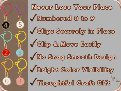 Feature panel listing the numbered stitch marker set's benefits: numbered 0 to 9, clips securely in place, clip and move easily, no-snag smooth design, bright colour visibility and a thoughtful craft gift