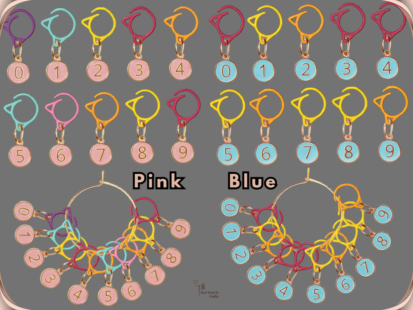 Comparison chart of the Pink and Blue numbered stitch marker sets, each showing ten charms in a single colour hanging from assorted-colour cat-ear clips, with both sets displayed on gold-tone storage rings