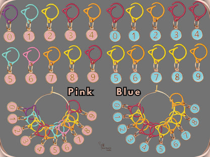 Comparison chart of the Pink and Blue numbered stitch marker sets, each showing ten charms in a single colour hanging from assorted-colour cat-ear clips, with both sets displayed on gold-tone storage rings