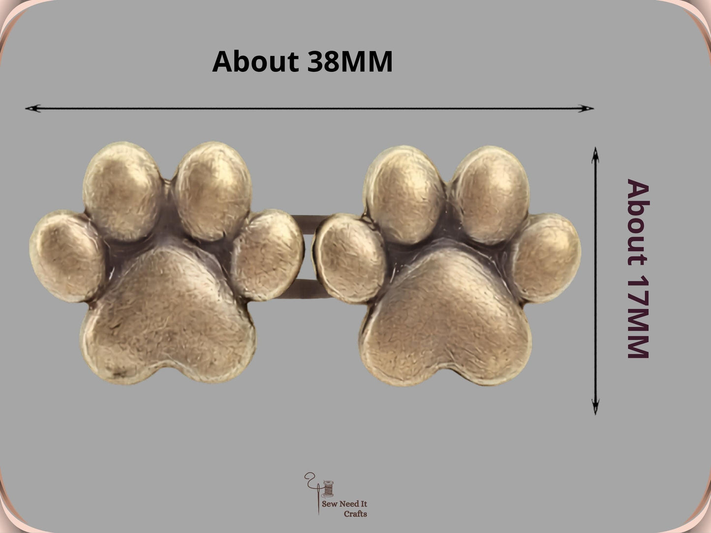 Dimensions of the joined bronze paw waist adjuster, about 38 mm wide and 17 mm tall