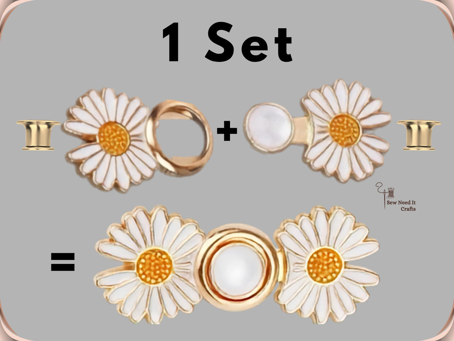 Diagram of one set: a daisy pin with a ring plus a daisy pin with a pearl knob and two locking pin backs, joining into one assembled adjuster