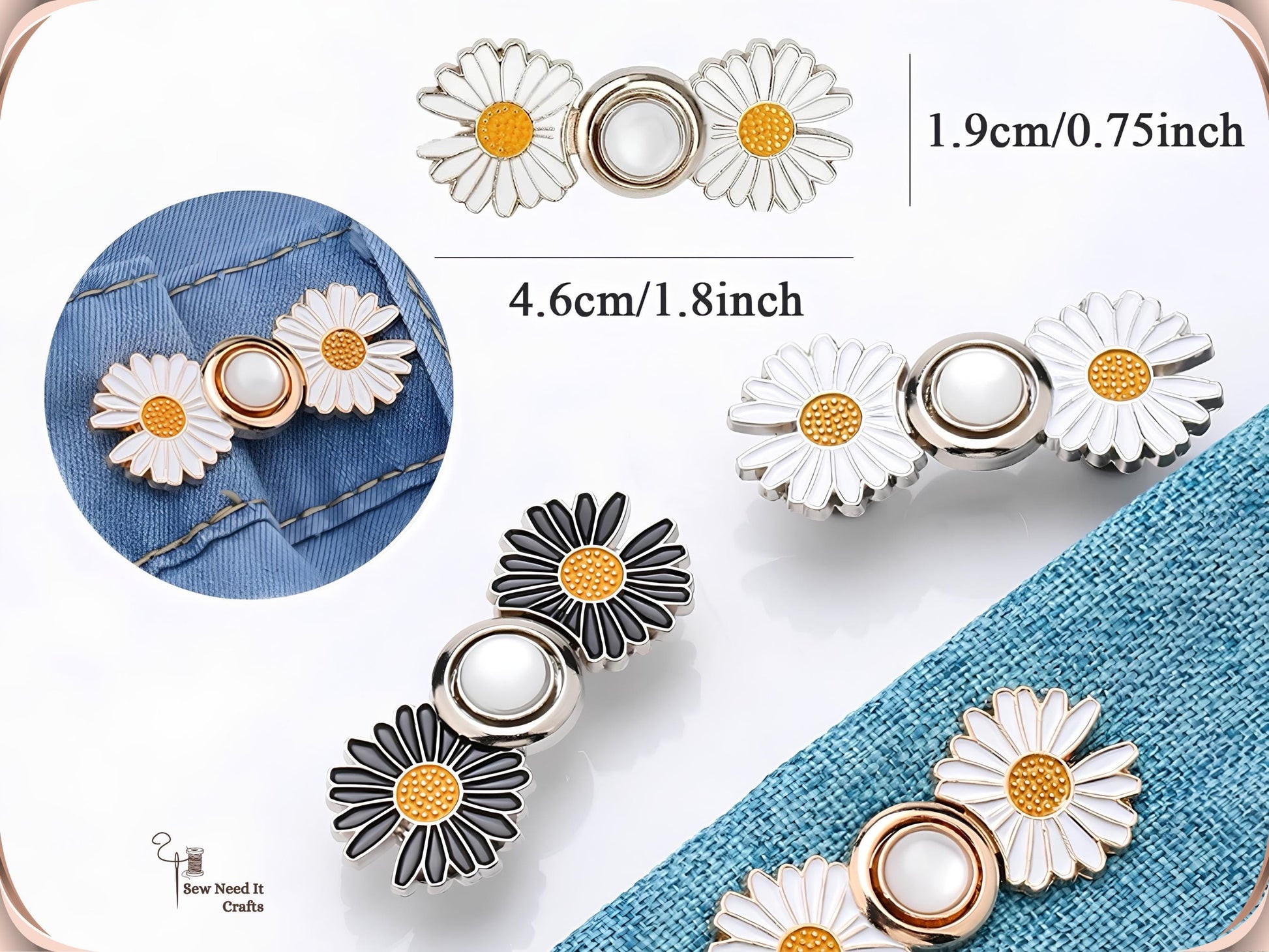 Size chart showing the assembled daisy waist adjuster measuring 4.6 cm or 1.8 inches wide and 1.9 cm or 0.75 inches tall, shown fitted to a denim waistband