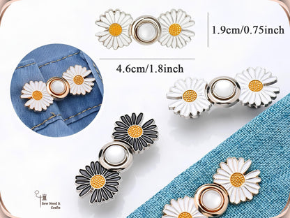 Size chart showing the assembled daisy waist adjuster measuring 4.6 cm or 1.8 inches wide and 1.9 cm or 0.75 inches tall, shown fitted to a denim waistband