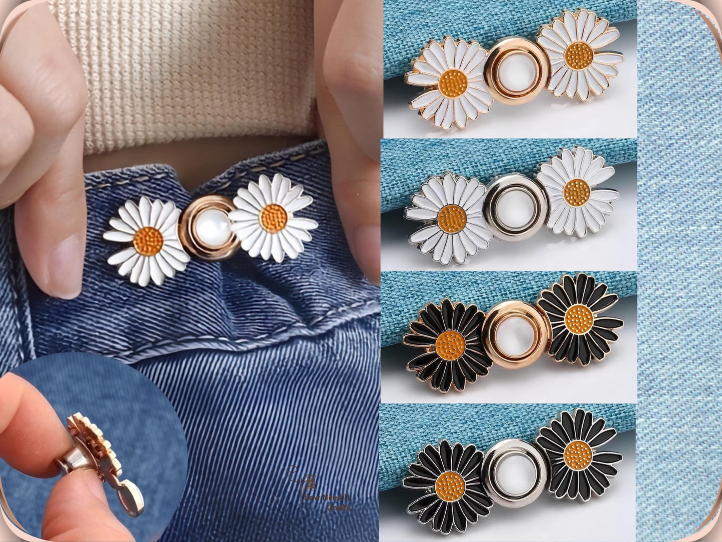 Hand attaching a white and gold daisy waist adjuster to the waistband of light blue jeans, with the four colour options and a close-up of the locking pin back