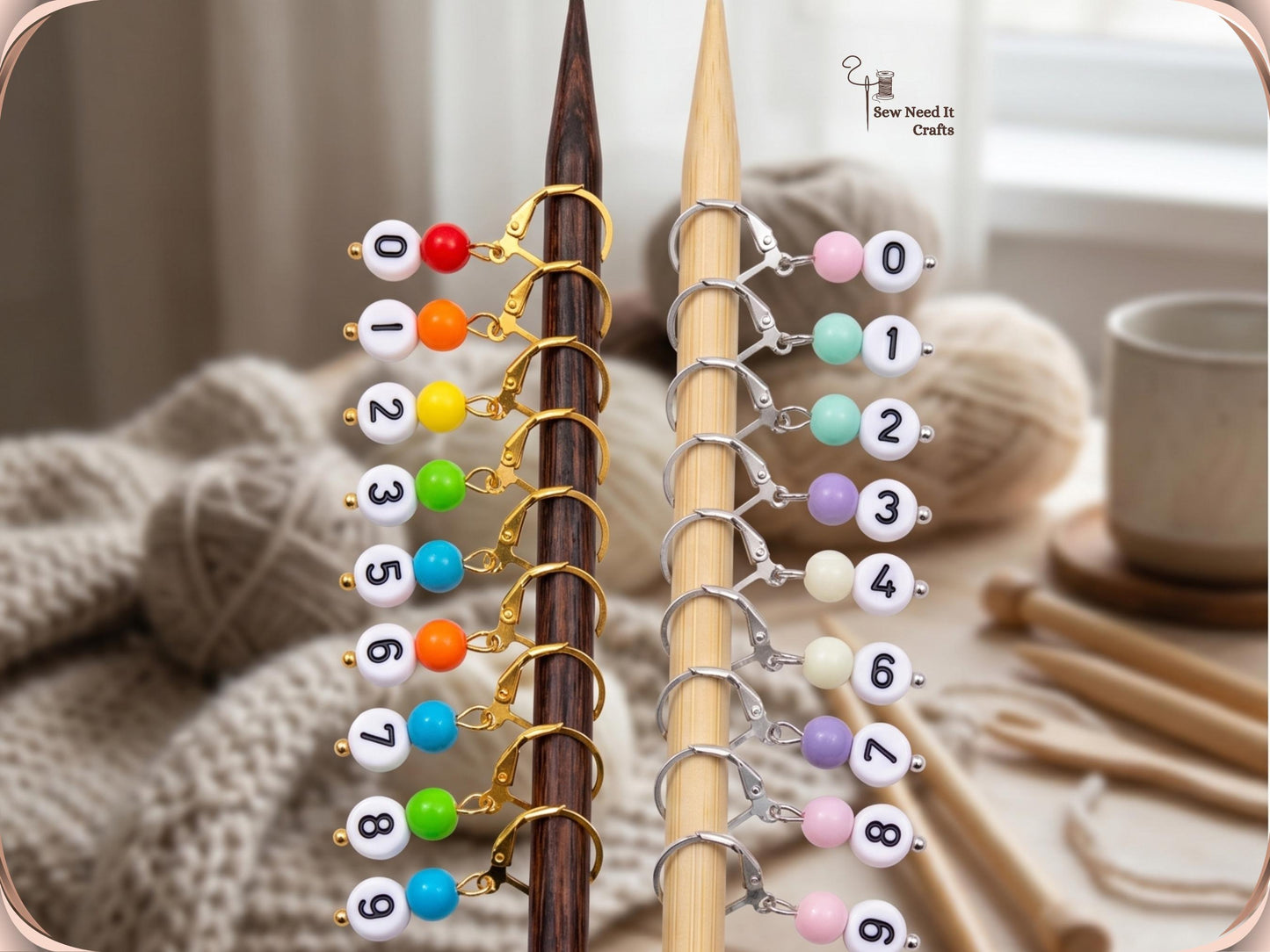 Gold-tone and silver-tone numbered stitch markers 0 to 9 hanging side by side on two knitting needles, showing both colour options together