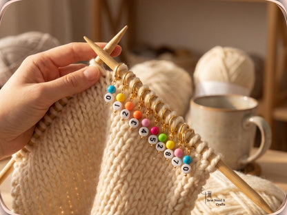 Gold-tone beaded numbered stitch markers 0 to 9 clipped in order along a bamboo knitting needle on a cream chunky-knit project