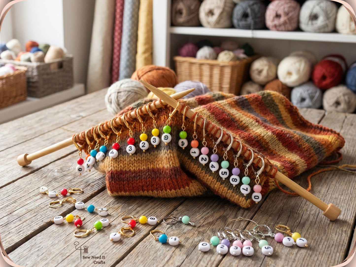 Numbered stitch markers on a striped autumn-coloured knitted piece and scattered on a wooden table in front of shelves of yarn