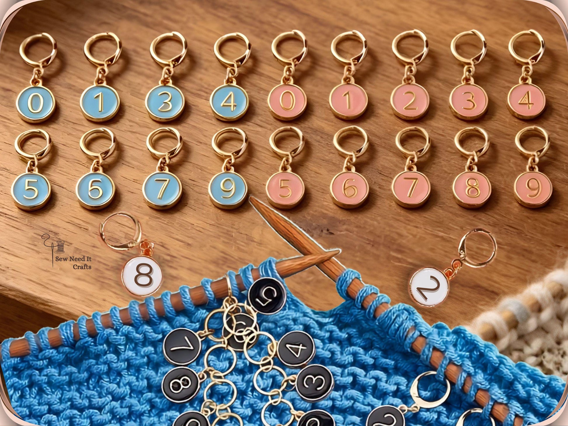 Blue and pink numbered stitch marker sets laid out on wood above a blue knitting project with black numbered markers clipped in