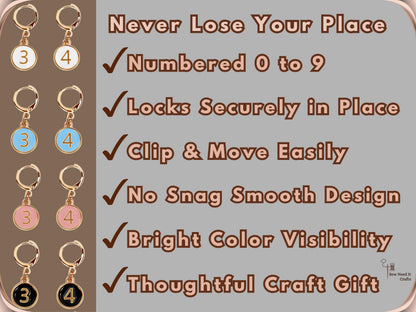 Feature graphic reading Never Lose Your Place with a checklist - numbered 0 to 9, locks securely in place, clip and move easily, no snag smooth design, bright colour visibility, thoughtful craft gift