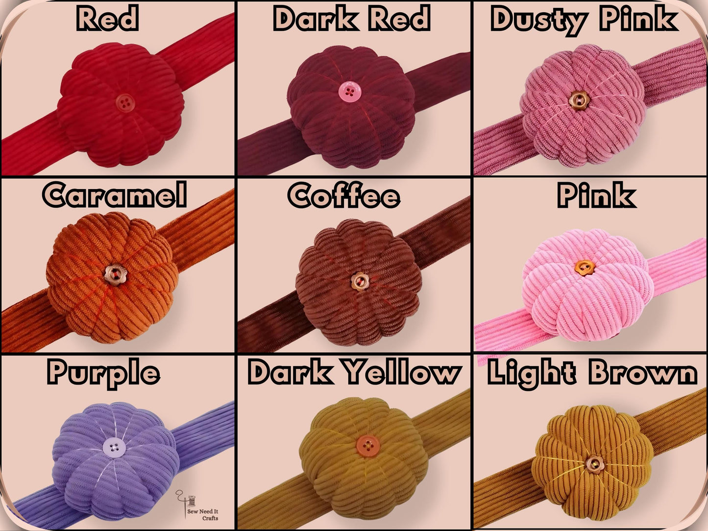 All nine colour options labelled: Red, Dark Red, Dusty Pink, Caramel, Coffee, Pink, Purple, Dark Yellow and Light Brown, each pumpkin shown on its matching corduroy band