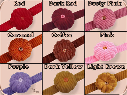 All nine colour options labelled: Red, Dark Red, Dusty Pink, Caramel, Coffee, Pink, Purple, Dark Yellow and Light Brown, each pumpkin shown on its matching corduroy band