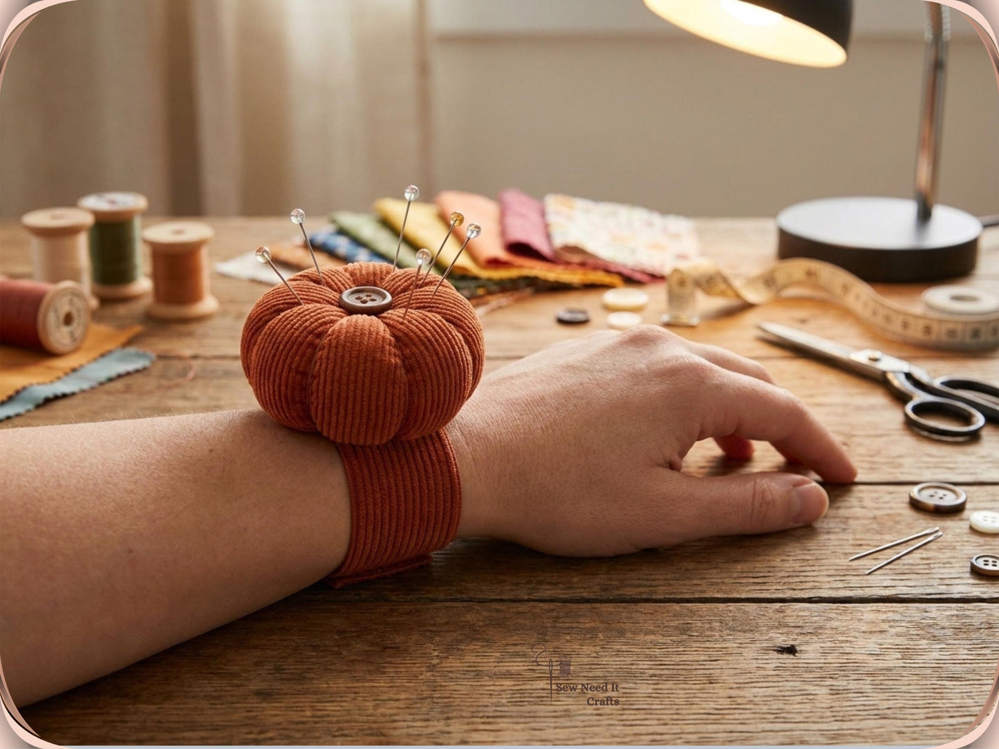 Orange pumpkin wrist pin cushion worn on a wrist at a wooden sewing table, holding four glass-head pins, with thread spools, fabric swatches, scissors and a tape measure nearby