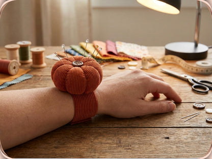 Orange pumpkin wrist pin cushion worn on a wrist at a wooden sewing table, holding four glass-head pins, with thread spools, fabric swatches, scissors and a tape measure nearby