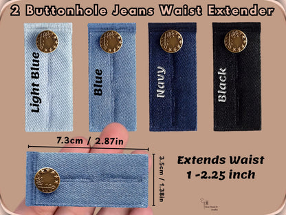 Two-buttonhole denim jeans waist extender colour chart set - light blue, blue, navy and black