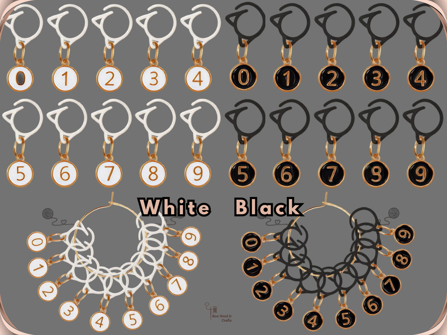 Comparison chart of the White and Black numbered stitch marker sets, each with ten matching clips and charms numbered 0 to 9, shown hanging on gold-tone storage rings