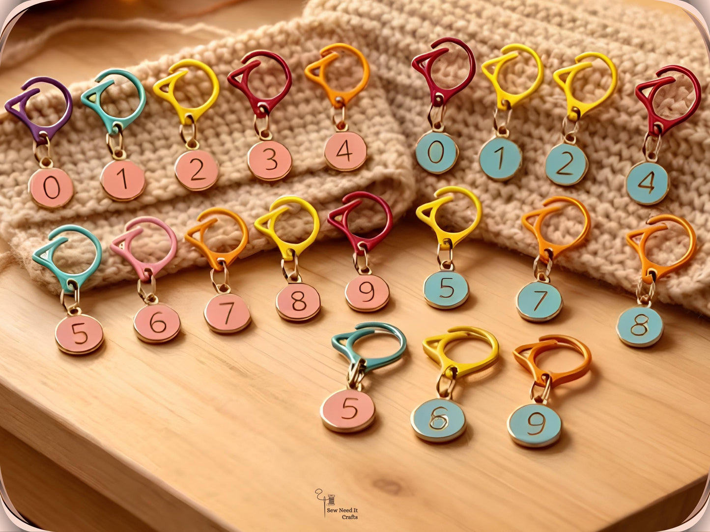 Pink and blue numbered stitch marker sets laid out in rows on a wooden board beside a cream knitted cowl, each set numbered 0 to 9 on assorted-colour cat-ear clips