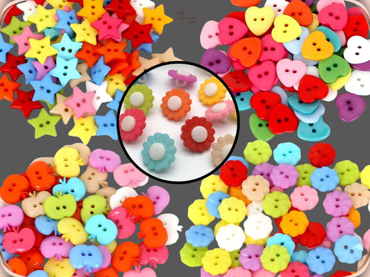 50 novelty craft sewing buttons in heart, star, flower, apple and daisy shapes